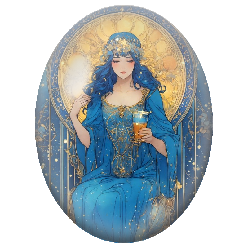 Cabochon en Verre Illustré Reine Bleue au Calice Doré 13x18, 18x25 ou 30x40mm