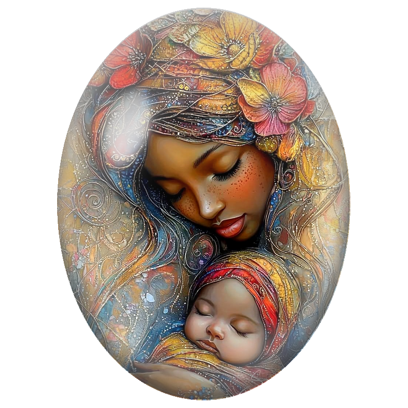 Cabochon en Verre Illustré Mère et Bébé Endormis aux Fleurs Colorées 13x18, 18x25 ou 30x40mm