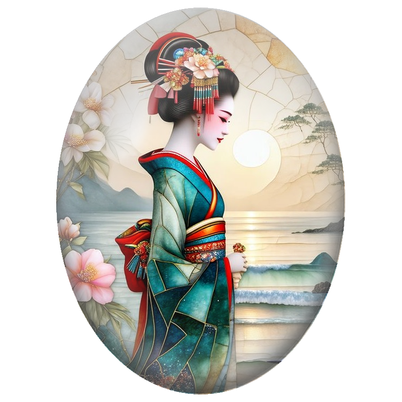 Cabochon en Verre Illustré Geisha au Kimono Turquoise face à la Mer 13x18, 18x25 ou 30x40mm