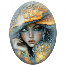 Cabochon en Verre Illustré Femme à la Coiffe de Champignons Dorés pour la Création de Bijoux Fantaisie - DIY