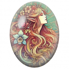 Cabochon en Verre Illustré Elfe Fleurie aux Longs Cheveux Roux pour la Création de Bijoux Fantaisie - DIY