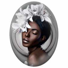 Cabochon en Verre Illustré Femme Noire Couronnée de Lys Blancs pour la Création de Bijoux Fantaisie - DIY
