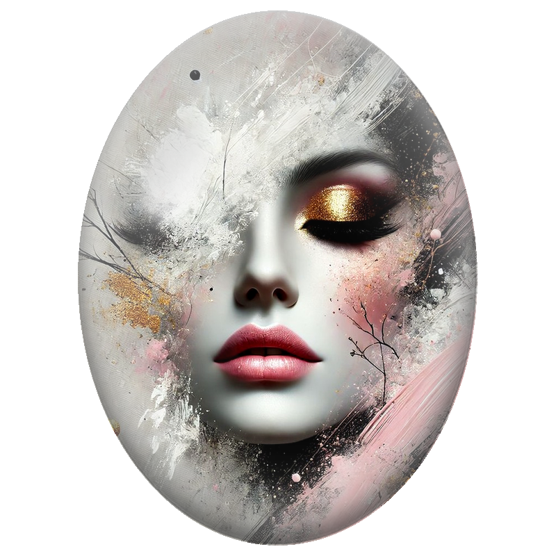 Cabochon en Verre Illustré Visage Abstrait au Regard Doré 13x18, 18x25 ou 30x40mm
