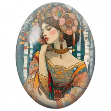 Cabochon en Verre Illustré Femme Art Nouveau au Jardin de Bouleaux pour la Création de Bijoux Fantaisie - DIY