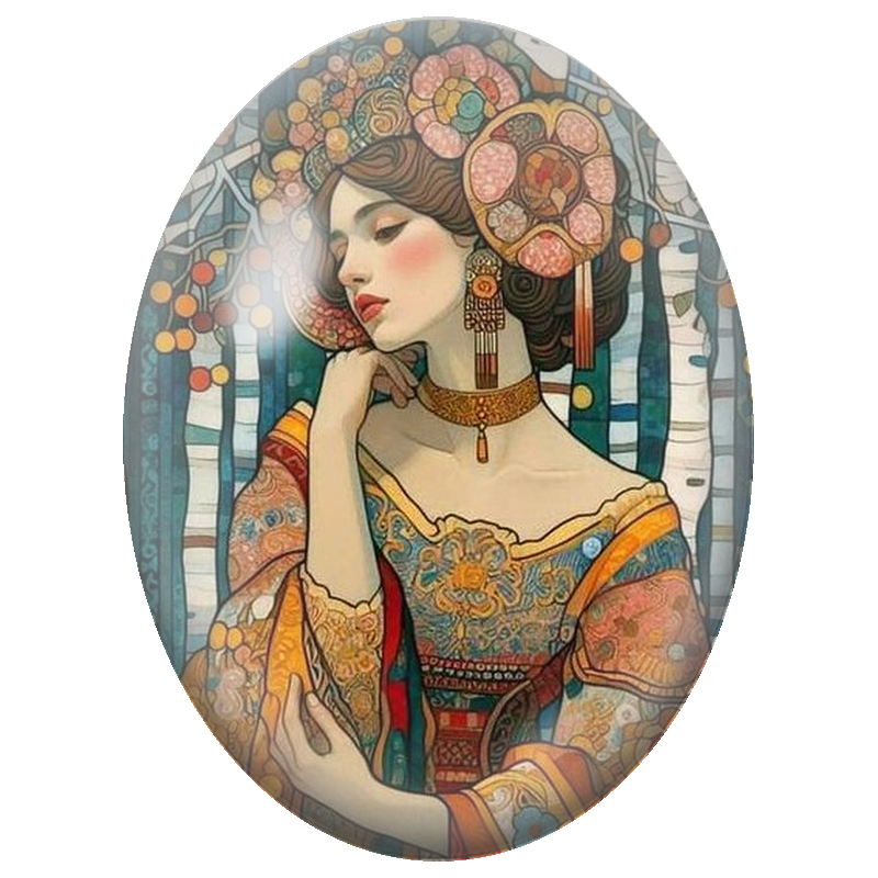 Cabochon en Verre Illustré Femme Art Nouveau au Jardin de Bouleaux 13x18, 18x25 ou 30x40mm