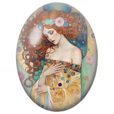 Cabochon en Verre Illustré Femme Rousse à la Robe Dorée et Fleurs Pastel pour la Création de Bijoux Fantaisie - DIY