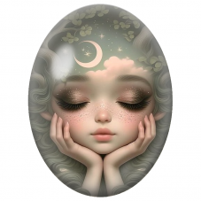 Cabochon en Verre Illustré Jeune Rêveuse au Croissant de Lune pour la Création de Bijoux Fantaisie - DIY