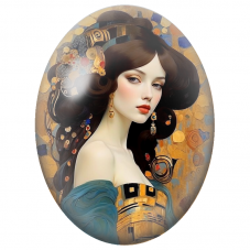 Cabochon en Verre Illustré Femme aux Boucles Noires et Robe Dorée pour la Création de Bijoux Fantaisie - DIY