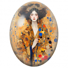 Cabochon en Verre Illustré Femme à la Cape Orange et Cercles Colorés pour la Création de Bijoux Fantaisie - DIY