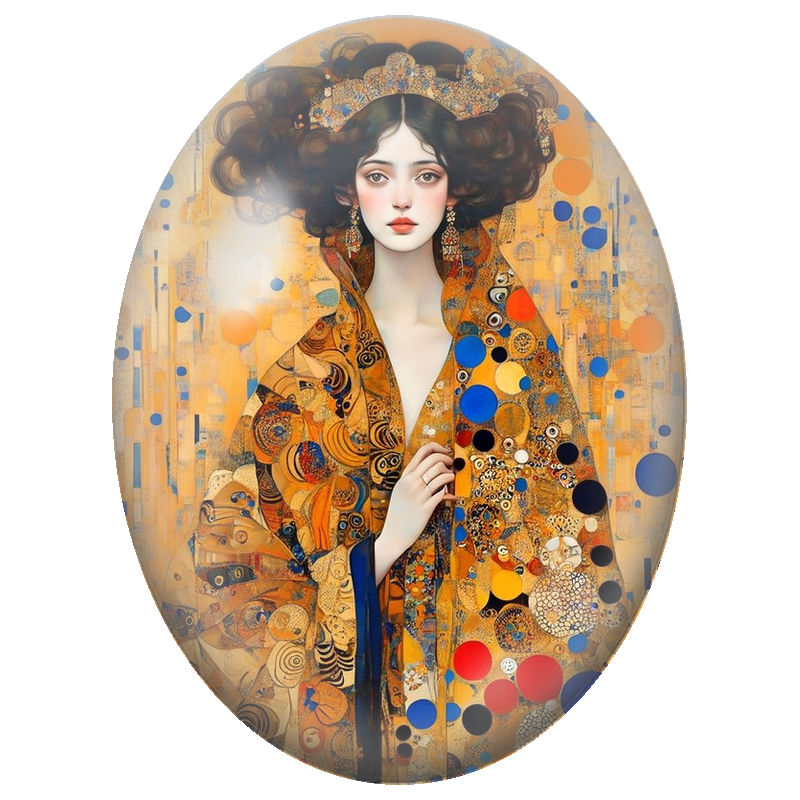 Cabochon en Verre Illustré Femme à la Cape Orange et Cercles Colorés 13x18, 18x25 ou 30x40mm