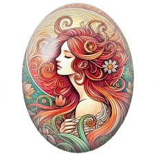 Cabochon en Verre Illustré Femme Rousse Art Nouveau aux Marguerites pour la Création de Bijoux Fantaisie - DIY