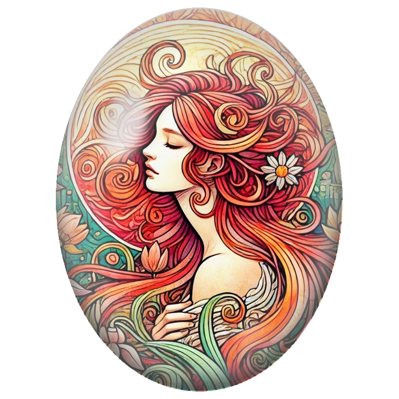 Cabochon en Verre Illustré Femme Rousse Art Nouveau aux Marguerites 13x18, 18x25 ou 30x40mm