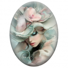 Cabochon en Verre Illustré Femme au Chapeau Turquoise et Fleurs Roses pour la Création de Bijoux Fantaisie - DIY