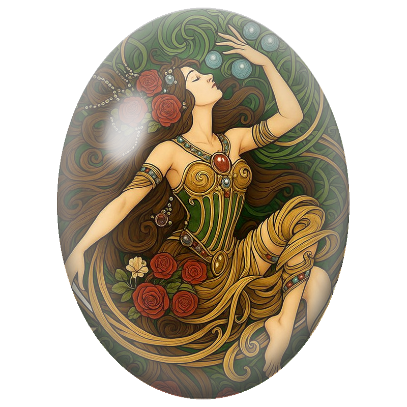Cabochon en Verre Illustré Danseuse Art Nouveau aux Roses Rouges 13x18, 18x25 ou 30x40mm