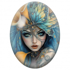 Cabochon en Verre Illustré Fée Bleue au Papillon et Arums Orange pour la Création de Bijoux Fantaisie - DIY