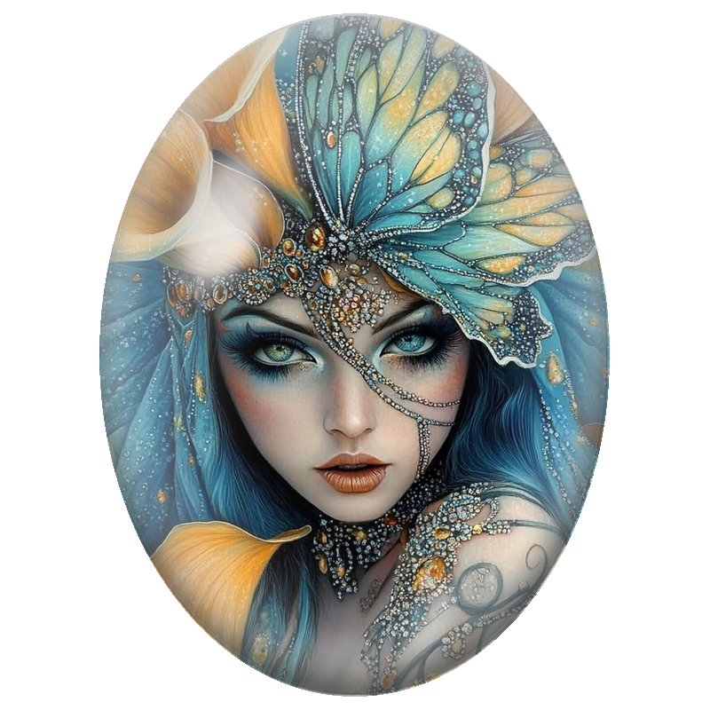 Cabochon en Verre Illustré Fée Bleue au Papillon et Arums Orange 13x18, 18x25 ou 30x40mm