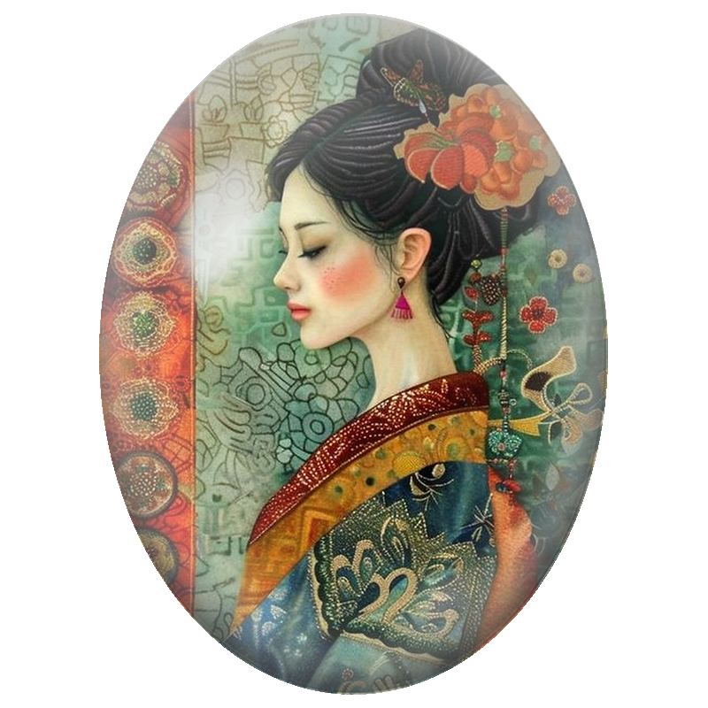 Cabochon en Verre Illustré Femme Asiatique au Kimono Bleu et Orange 13x18, 18x25 ou 30x40mm