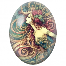 Cabochon en Verre Illustré Femme Art Nouveau aux Roses et Longs Cheveux pour la Création de Bijoux Fantaisie - DIY