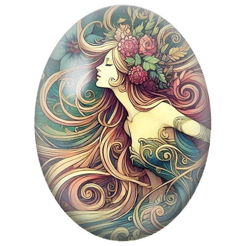 Cabochon en Verre Illustré Femme Art Nouveau aux Roses et Longs Cheveux 13x18, 18x25 ou 30x40mm