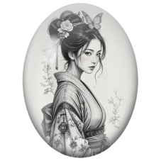 Cabochon en Verre Illustré Japonaise au Kimono et Papillon en Noir et Blanc pour la Création de Bijoux Fantaisie - DIY