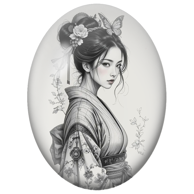 Cabochon en Verre Illustré Japonaise au Kimono et Papillon en Noir et Blanc 13x18, 18x25 ou 30x40mm