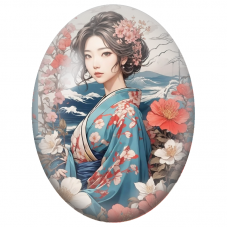 Cabochon en Verre Illustré Japonaise au Kimono Bleu face aux Vagues pour la Création de Bijoux Fantaisie - DIY