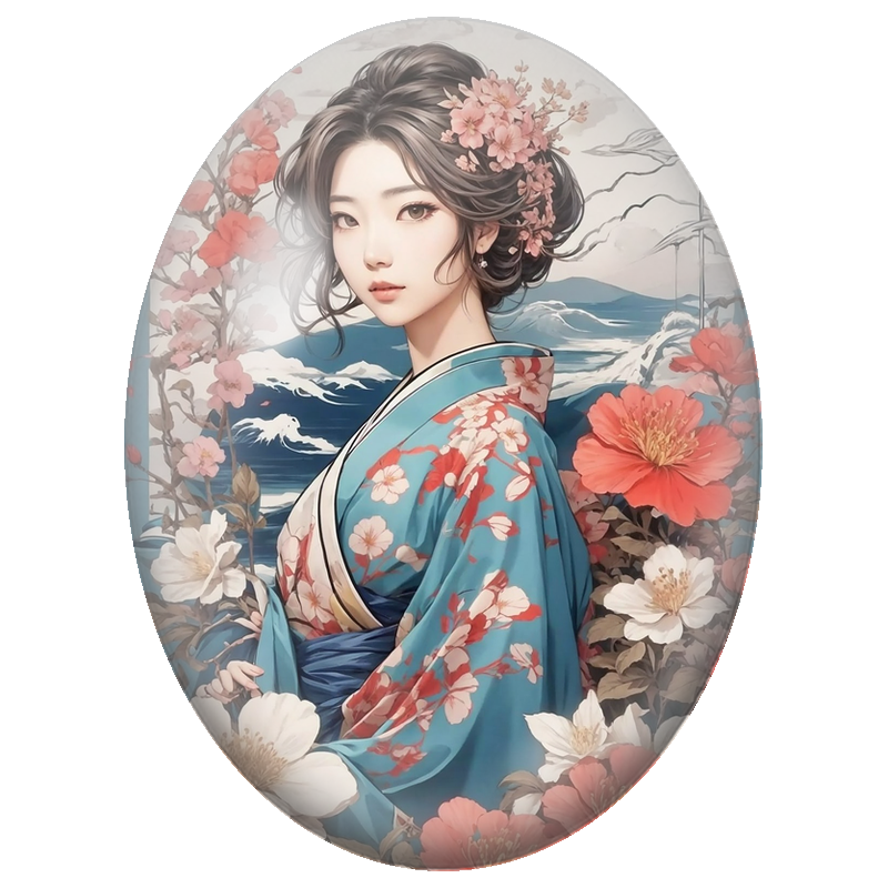 Cabochon en Verre Illustré Japonaise au Kimono Bleu face aux Vagues 13x18, 18x25 ou 30x40mm