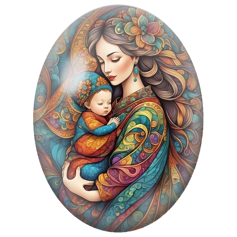 Cabochon en Verre Illustré Mère et Bébé aux Volutes Multicolores 13x18, 18x25 ou 30x40mm