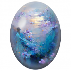 Cabochon en Verre Illustré Femme en Robe Bleue au Bord d’un Lac Fleuri pour la Création de Bijoux Fantaisie - DIY