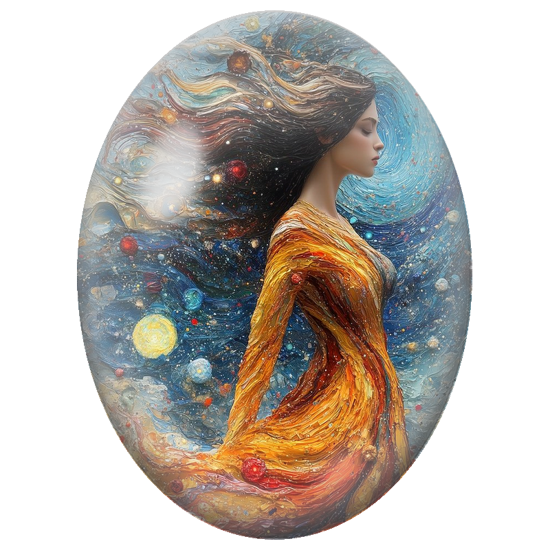 Cabochon en Verre Illustré Femme Cosmique à la Robe de Feu 13x18, 18x25 ou 30x40mm