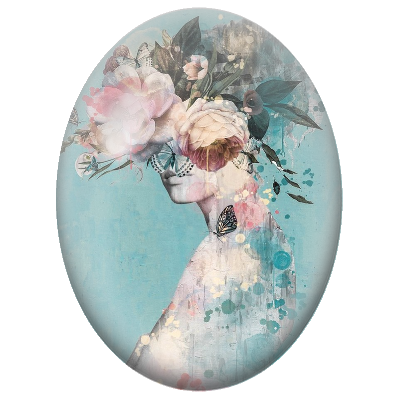 Cabochon en Verre Illustré Silhouette Féminine au Bouquet de Pivoines et Papillons 13x18, 18x25 ou 30x40mm