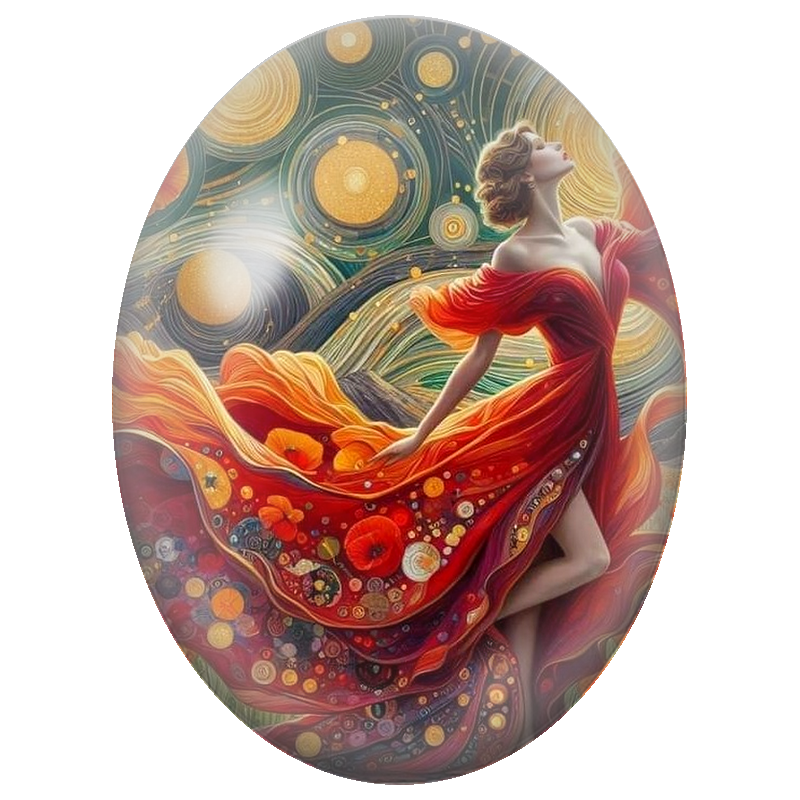 Cabochon en Verre Illustré Danseuse Rouge sous les Soleils Dorés 13x18, 18x25 ou 30x40mm