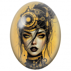 Cabochon en Verre Illustré Femme Steampunk aux Rouages Dorés pour la Création de Bijoux Fantaisie - DIY