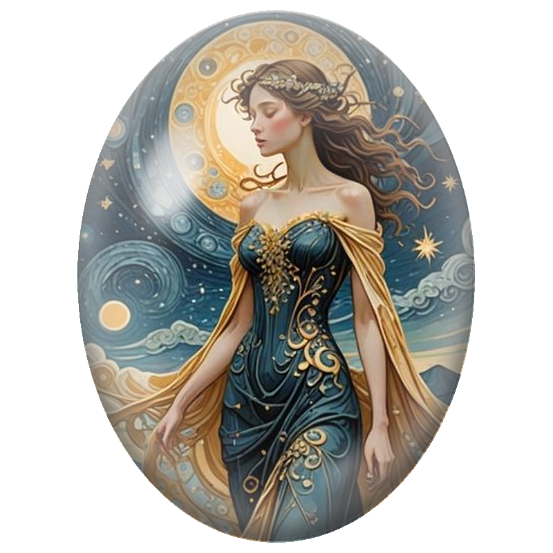 Cabochon en Verre Illustré Déesse Lunaire à la Robe Bleue et Or 13x18, 18x25 ou 30x40mm