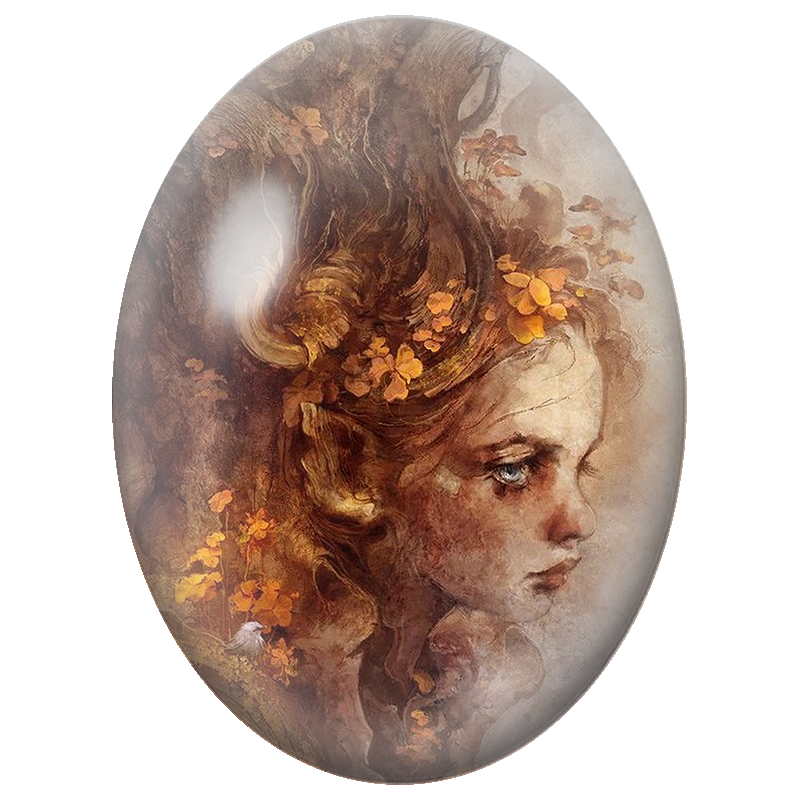 Cabochon en Verre Illustré Femme-Forêt aux Fleurs d’Automne 13x18, 18x25 ou 30x40mm