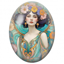 Cabochon en Verre Illustré Femme Art Nouveau à la Couronne Fleurie pour la Création de Bijoux Fantaisie - DIY