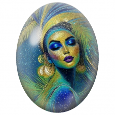 Cabochon en Verre Illustré Femme aux Plumes Tropicales Turquoise et Or pour la Création de Bijoux Fantaisie - DIY