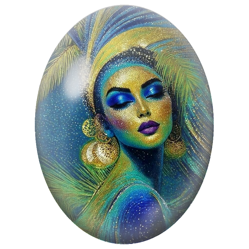 Cabochon en Verre Illustré Femme aux Plumes Tropicales Turquoise et Or 13x18, 18x25 ou 30x40mm