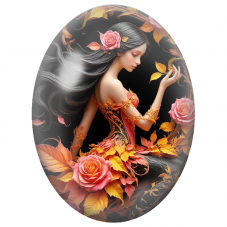 Cabochon en Verre Illustré Femme aux Roses Roses et Feuilles d’Automne pour la Création de Bijoux Fantaisie - DIY