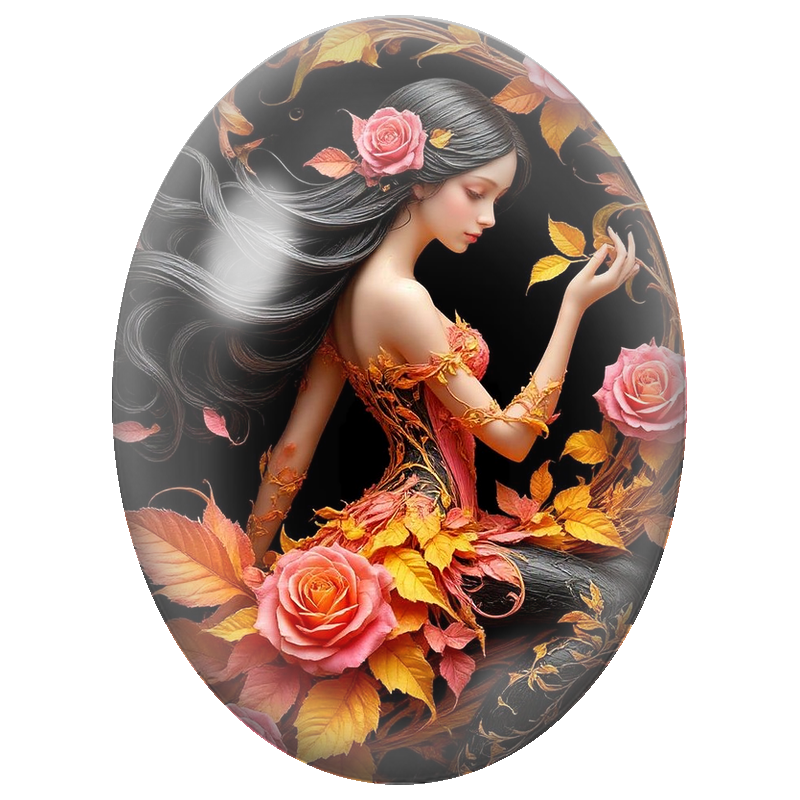 Cabochon en Verre Illustré Femme aux Roses Roses et Feuilles d’Automne 13x18, 18x25 ou 30x40mm