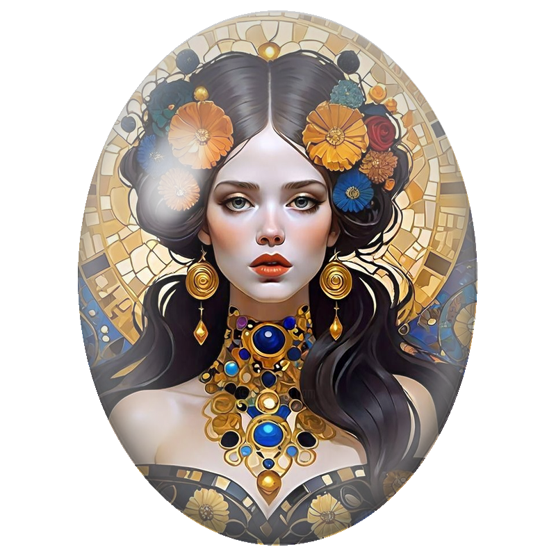 Cabochon en Verre Illustré Reine aux Fleurs Orange et Joyaux Bleus 13x18, 18x25 ou 30x40mm