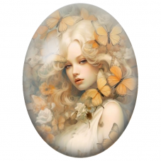 Cabochon en Verre Illustré Femme Blonde aux Papillons Orange pour la Création de Bijoux Fantaisie - DIY