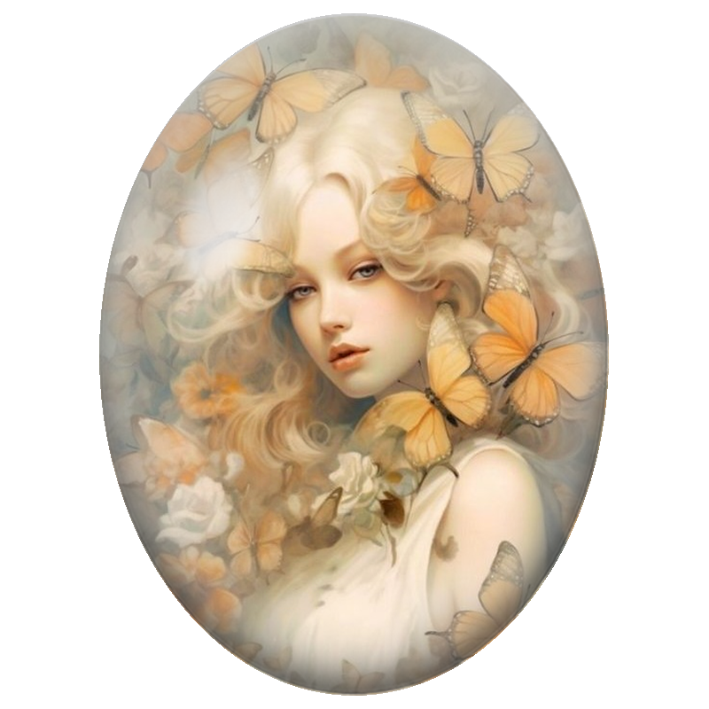 Cabochon en Verre Illustré Femme Blonde aux Papillons Orange 13x18, 18x25 ou 30x40mm