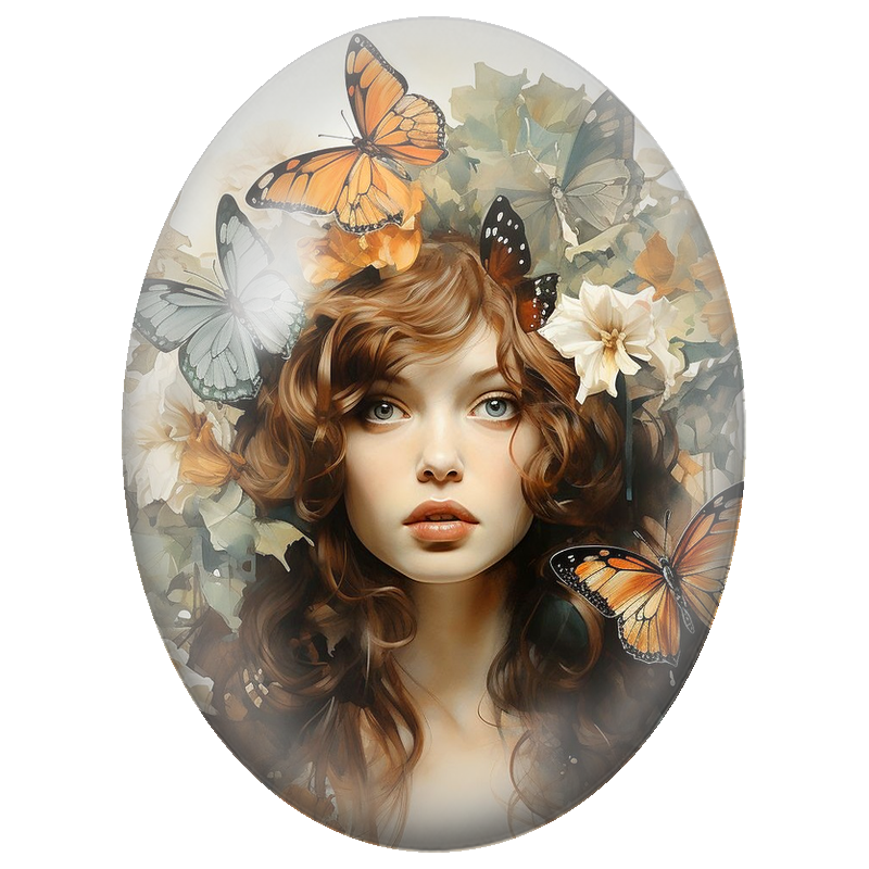 Cabochon en Verre Illustré Femme Rousse aux Papillons Orange et Bleus 13x18, 18x25 ou 30x40mm