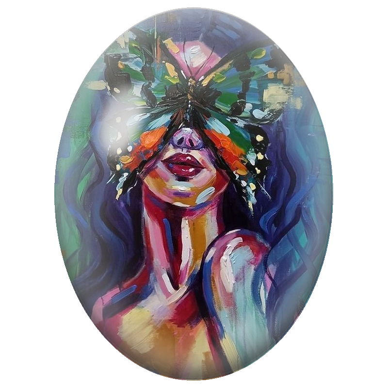 Cabochon en Verre Illustré Femme au Masque Papillon Multicolore 13x18, 18x25 ou 30x40mm