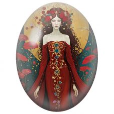 Cabochon en Verre Illustré Reine aux Coquelicots et Robe Rouge pour la Création de Bijoux Fantaisie - DIY