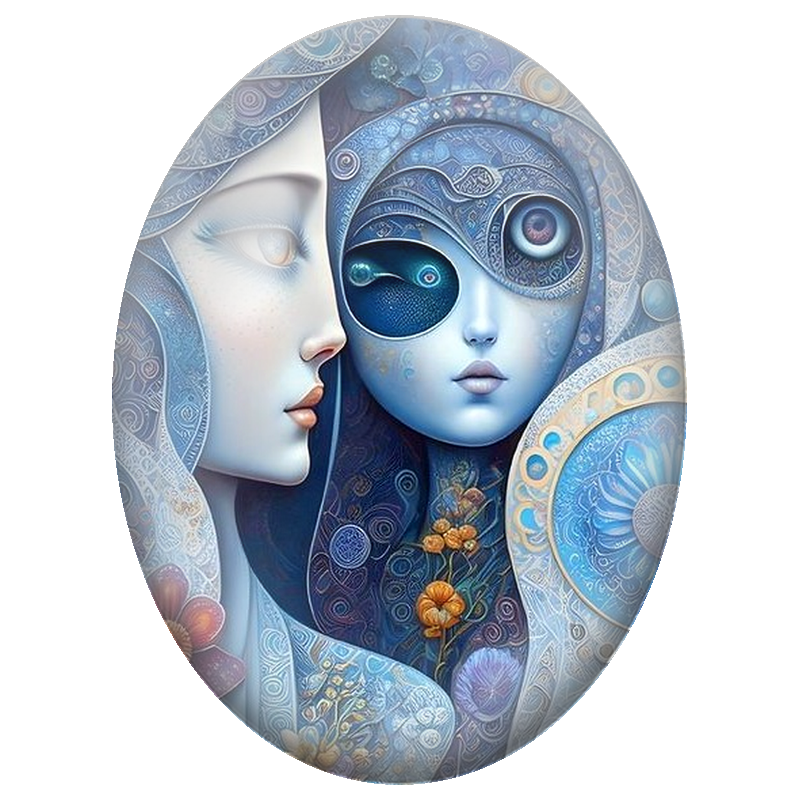 Cabochon en Verre Illustré Deux Visages Bleus dans un Univers Surréaliste 13x18, 18x25 ou 30x40mm