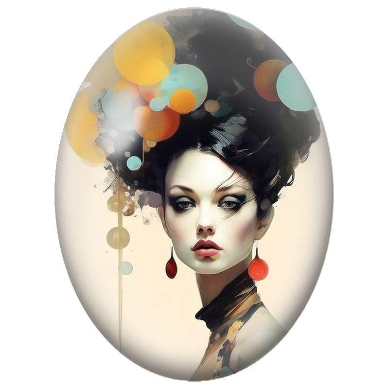 Cabochon en Verre Illustré Femme à la Coiffure Noire et Bulles Colorées 13x18, 18x25 ou 30x40mm