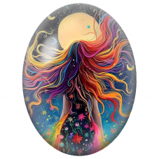 Cabochon en Verre Illustré Femme aux Cheveux Arc-en-Ciel sous la Lune pour la Création de Bijoux Fantaisie - DIY