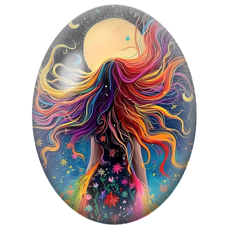 Cabochon en Verre Illustré Femme aux Cheveux Arc-en-Ciel sous la Lune 13x18, 18x25 ou 30x40mm